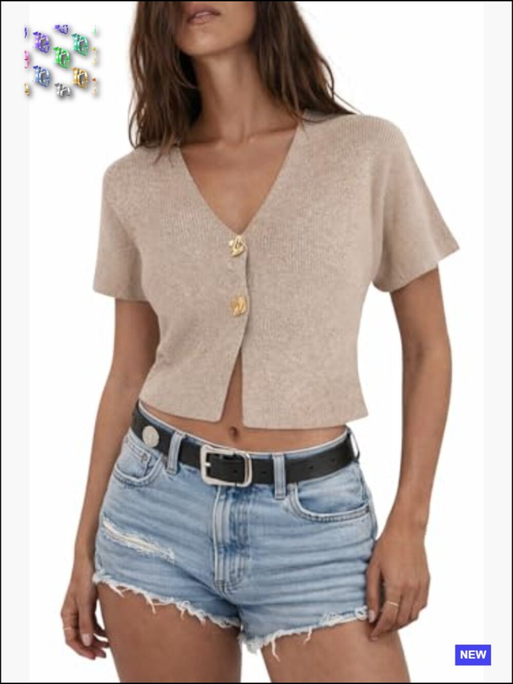 Cropped Short Sleeve V-Neck Button Front Knit Cardigan Top Lightweight Summer - Picture 2 of 7